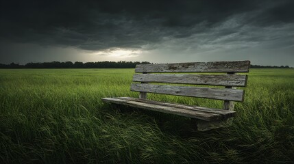 A lonely wooden bench rests by a misty lake, offering a serene view of the morning landscape