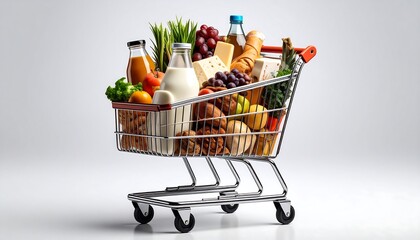 Grocery shopping cart full of various food items