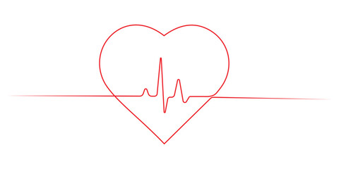 Continuous one line drawing of red heart beat pulse line with love shape. Heart care in single line draw illustration. Editable stroke.