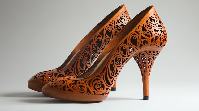 Elegant Brown High Heel Shoes with Intricate Cutout Design in Studio Setting - Powered by Adobe