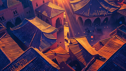 Overhead view of traditional moroccan cityscape with rooftops and sunlight beams
