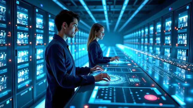 Two focused IT professionals manage glowing data and complex systems on interactive screens in a futuristic server room. Illustrates advanced technology and data management.
