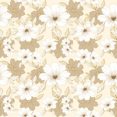 seamless floral pattern with beige and cream flowers on a light background. Ideal for fabric prints, packaging, and vintage-themed designs.