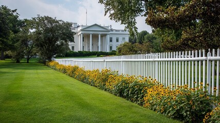 Obraz premium A scenic view of the White House with vibrant sunflowers in bloom along a pristine lawn and white picket fence.