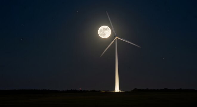Full moon shining above a wind turbine at night.