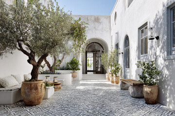 Mediterranean-style courtyard with patterned tiles, potted olive trees, and textured white walls, soft natural light