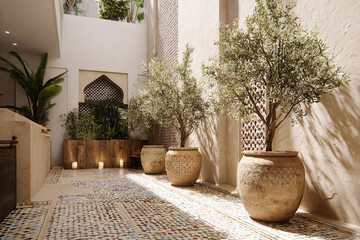 Mediterranean-style courtyard with patterned tiles, potted olive trees, and textured white walls, soft natural light