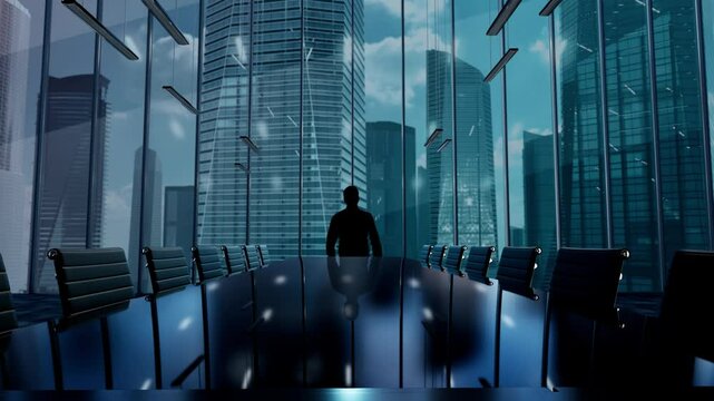 Reimagine the Future. Businessman Working in Office among Skyscrapers. Hologram Concept