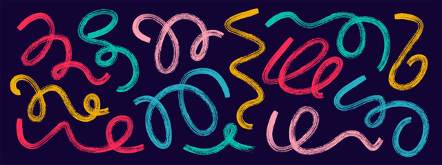 Set of colorful geometric shapes, curls, waves. Squiggle lines, curly brush strokes with hand drawn grunge texture. 