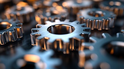 Close Up of Metallic Gears with Shiny Silver and Copper Tones in Mechanical Assembly