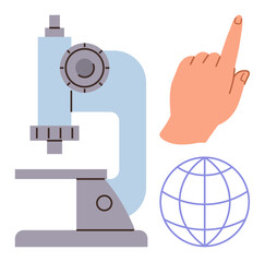 Microscope next to pointing hand and globe symbolizing research, discovery, education, innovation, exploration, learning, and advancement. Ideal for science, education innovation globalization