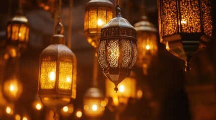 Ornate hanging lamps, warm golden light