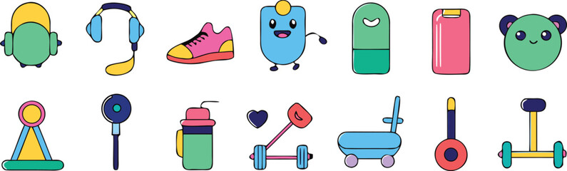 Vector art of a vibrant collection of cartoon fitness icons and characters for a healthy lifestyle.