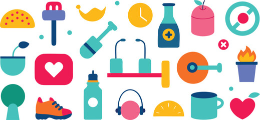 Vector art of a vibrant collection of colorful flat icons representing various objects and concepts.