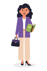 Woman in stylish attire holding a book and handbag while standing confidently indoors. Flat style character isolated on white background. Vector illustration.