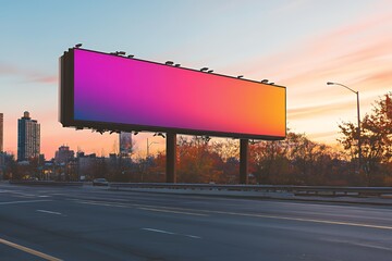 Blank Billboard at Sunset Over City Skyline