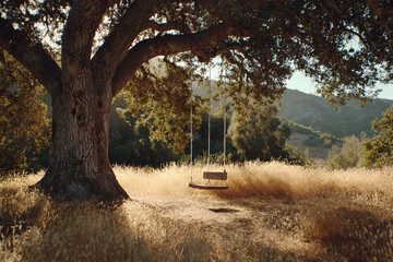 Side view of a rope swing swaying slightly under large oak tree in sunlit meadow, no people, golden grass
