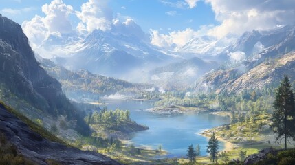 A breathtaking view of a mountain lake in a scenic valley