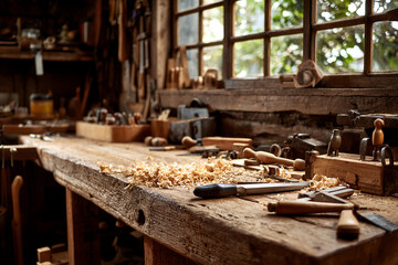 Side view of old craftsman’s workbench with leather tools, clamps, and wood shavings, natural daylight from window