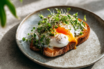 Side-view of ceramic plate with poached egg, toasted sourdough, and microgreens on a stone kitchen counter