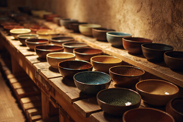Softly lit pottery studio with rows of handmade ceramic bowls drying on wooden planks, earthy tones