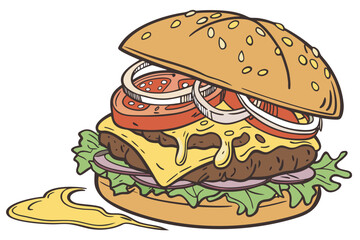 Illustration of a burger with tomato onion cheese lettuce and a sesame seed bun on a white background