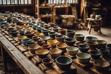Softly lit pottery studio with rows of handmade ceramic bowls drying on wooden planks, earthy tones