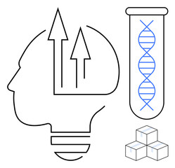 Brain silhouette with arrows showcasing ideas, DNA strand in a test tube symbolizing science, and stacked cubes representing data or storage. Ideal for technology, research, progress, innovation