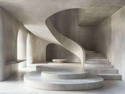 Modern Minimalist Concrete Spiral Staircase Interior with Curved Design and Soft Natural Lighting - Powered by Adobe