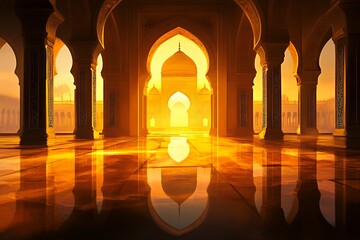 Golden Mosque Sunset Archway Reflection Interior