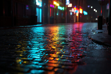 Wet cobblestone street at night reflecting colorful neon lights from nearby signs (not visible), moody atmosphere