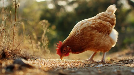 Brown hen pecking grains in  natural outdoor setting with soft bokeh chicken