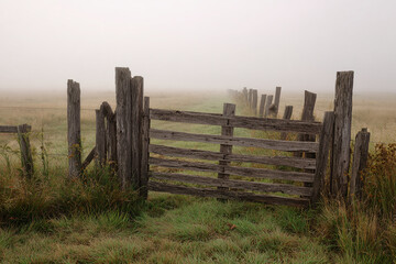 Weathered wooden gate on rural property, partially open with foggy background and soft grass beneath