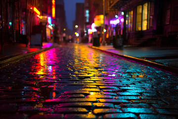 Wet cobblestone street at night reflecting colorful neon lights from nearby signs (not visible), moody atmosphere