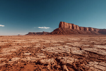 Wide shot of arid desert terrain with cracked ground texture, distant red mesa under bright blue sky