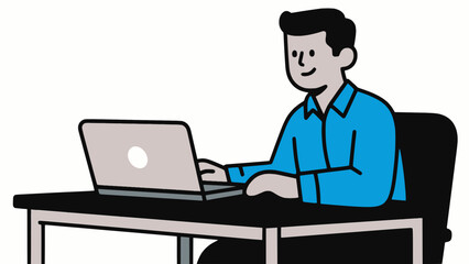 Cartoon man sitting at office desk working on a laptop, black outline and solid blue fill, white background