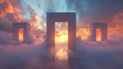 celestial doorways floating among clouds, monumental stone frame portals, opposing orange and blue otherworldly light, divine atmosphere, dramatic sky composition, ethereal mist effects, sacred