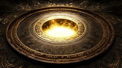 Celestial golden halo floating in pure darkness, elaborate metalwork border with damascus-style pattern, intense volumetric light spreading outward like sun rays, premium metal shader with varying
