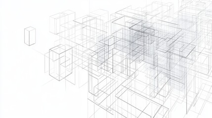 Fototapeta premium Clean minimal axonometric grid of city buildings arranged in perfect geometric pattern, pure black line art on white background, isometric cubic structures varying from 1 to 30 stories, ultra precise