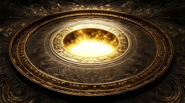 Celestial golden halo floating in pure darkness, elaborate metalwork border with damascus-style pattern, intense volumetric light spreading outward like sun rays, premium metal shader with varying