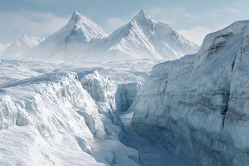 Wide shot of glacial surface with deep crevasses and distant snow-covered peaks, bright light