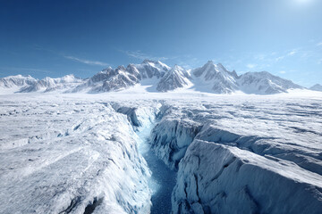 Wide shot of glacial surface with deep crevasses and distant snow-covered peaks, bright light