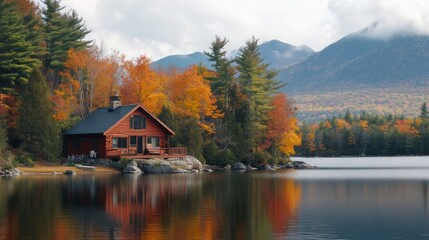 Fototapeta premium A cabin by a calm lake with a view of surrounding mountains and trees