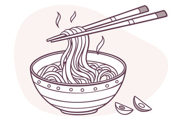 Illustration of a bowl of noodles with chopsticks and steam rising from the dish on pink background