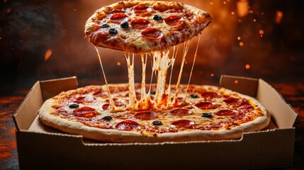 Energetic commercial capture of wood-fired pizza ascending from branded box, stretched cheese creating visual motion, levitating pepperoni and olive slices arranged in golden spiral, textured burnt
