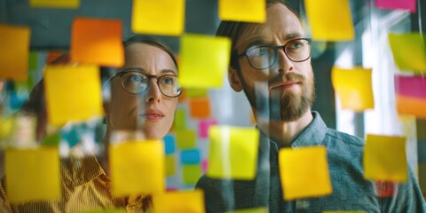 Collaborative Professionals Using Technology and Sticky Notes for Creative Project Planning