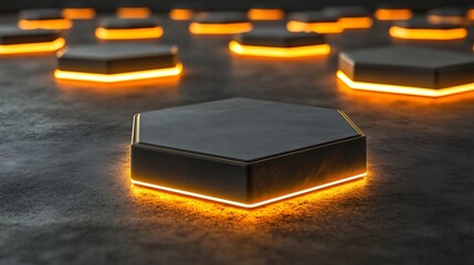 Abstract futuristic hexagon podiums with glowing orange accents on a dark gray concrete surface