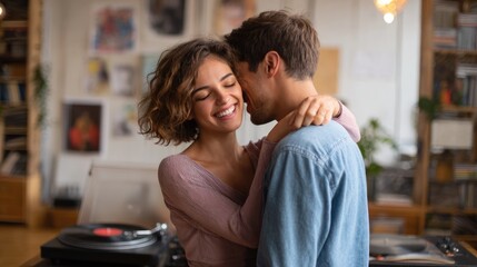Happy couple shares warm embrace in cozy living room at home. Love connection, affection, intimacy. Deep feelings, togetherness. Romance. Lovers dancing, have fun, romantic date. Music player, record.