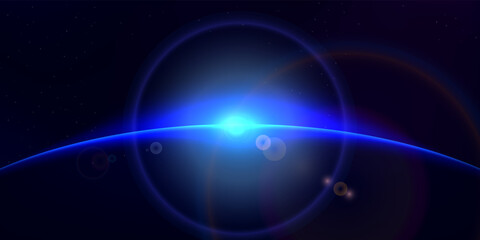 Sunrise earth. Cosmos eclipse. Sun rising over planet. Space sunrise with bright beams. Solar ring with sunlight and stars. Earth horizon. Vector illustration