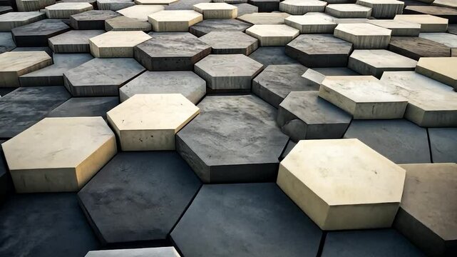 Abstract pattern of layered, interlocking hexagonal shapes in light and dark gray tones